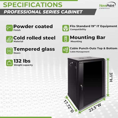 Image of NavePoint 15U Server Rack Enclosure - 17.7 inch Deep, Wall Mount Network Cabinet with Locking Glass Door for 19 inch IT Equipment, Network Rack with 2 Fans, Removable Side Panels, Black