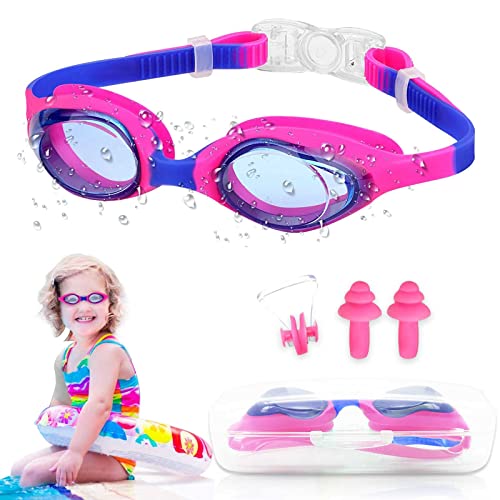 Schwimmbrille für Kinder, Profi Schwimmbrillen für Jungen Mädchen Alter von 3 4 5 6 7 8 9 10 11 12 Jahren Antibeschlag UV-Schutz Keine Undichte Schwimmbrille mit Ohrenstöpsel und Nasenklammer Cover