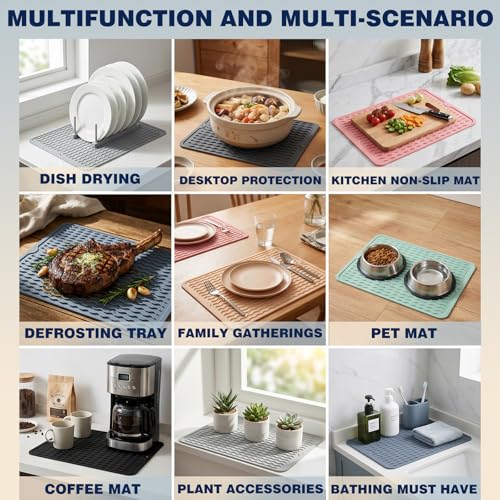 Image of CAKETIME 2 Pack Silicone Dish Drying Mat for Kitchen Counter Place mats Cooking Accessories Drainers Rack Under Sink Protector Home Household Items Extra Large 18 inchx16 inch Beige