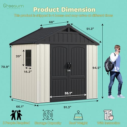 Image of Greesum 8x6FT Plastic Outdoor Storage Shed with Floor, Resin Sheds with Window and Lockable Door, Easy Assembly, HDPE Kick-it Shed for Garden, Lawn, Backyard, Beige