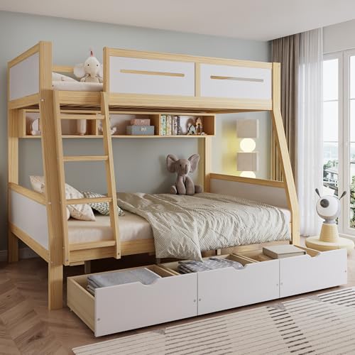 LAKFEW Litera Infantil 90x200 & 120x200 cm con Compartimento Almacenaje y 3 Cajones, Cama Infantil para 2 Niños, Cama Litera Matrimonio con Protección Anticaída y Escalera, Blanco+Natural, Sin Colchón