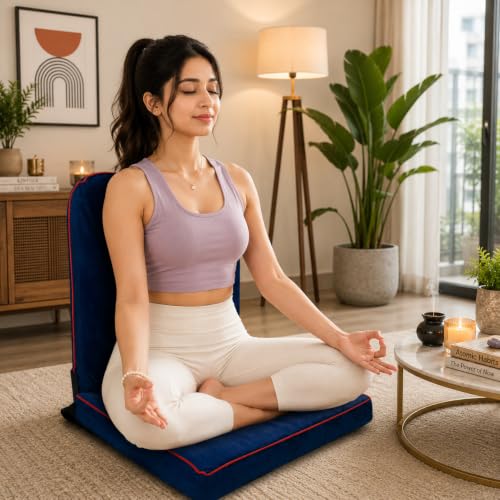 Image of Kawachi Floor Chair with Laptop Table, Foldable Back Support & Portable Study Table Combo, Reading, Work from Home, Meditation & Relaxation Chair (KC32-Blue)