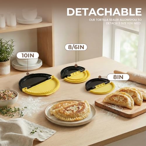 Image of Tortilla Sealer with Detachable Molds (6 inch, 8 inch, 10 inch) | 3-in-1 Crimper for Homemade Quesadillas, Tacos, Calzones and Burritos- Dishwasher Safe, BPA-Free Kitchen Tool(Black Yellow)