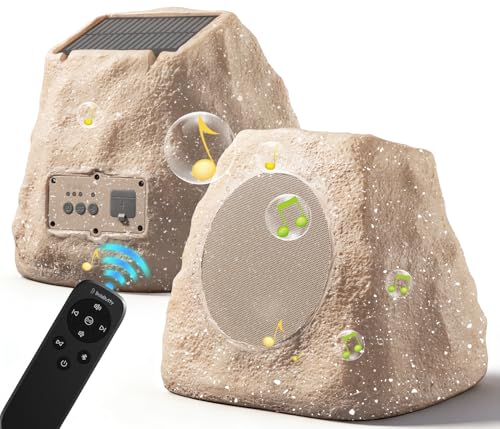 Upgraded Outdoor Rock Speaker 60W Deep Bass Multi-Sync up to 100Pcs, Remote Control, IPX7 Waterproof Solar-Powered with LED Lights Perfect for Pool, Garden, Patio, Ideal for Music Lovers - 2 Packs
