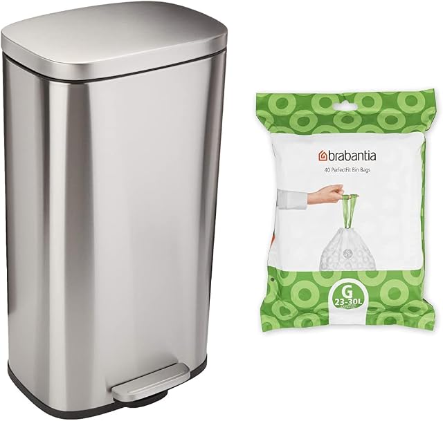 Amazon Basics Trash can, 30L & Brabantia PerfectFit Bin Liners (Size G/23-30 Litre) Thick Plastic Trash Bags with Tie Tape Drawstring Handles (40 Bags)