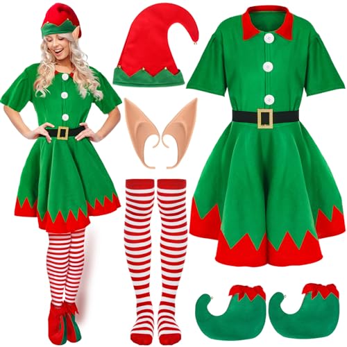 Hoosige 6 Pcs Women Christmas Elf Costume Set Costume Dress Xmas Festive Outfit with Elf Ears Hat Shoes Belt Striped Socks (Large)