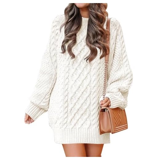 ANRABESS Women 2023 Fall Crewneck Long Sleeve Oversized Cable Knit Chunky Baggy Loose Knit Pullover Short Sweater Dresses 2024 Trendy White Winter Tunic Mini Dress 412baise-M