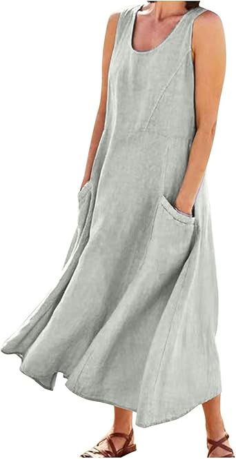 Plus Size Cotton Linen Summer Dresses for Curvy Women 2025 Sleeveless Maxi Vacation Beach Sundresses with Pockets