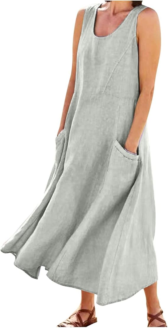 Plus Size Cotton Linen Summer Dresses for Curvy Women 2025 Sleeveless Maxi Vacation Beach Sundresses with Pockets