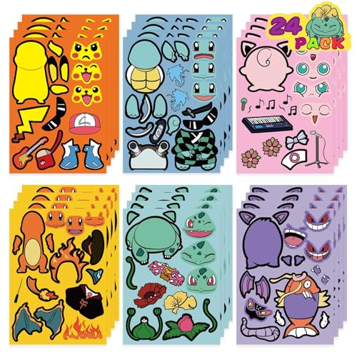 Tadpolez Sticker Set für Kinder, 24 Blätter Cartoon Aufkleber, Wasserdicht Mini Stickers DIY, Make-a-Face Anime Tier Sticker, Für Skateboard Geburtstag Party Dekoration Geschenke