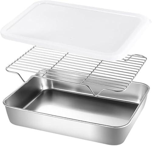 Juego de charola para hornear con estante de alambre y cubierta, charola para hornear de acero inoxidable, resistente a la deformación y fácil de limpiar, para cocinar en horno, hoja de galletas