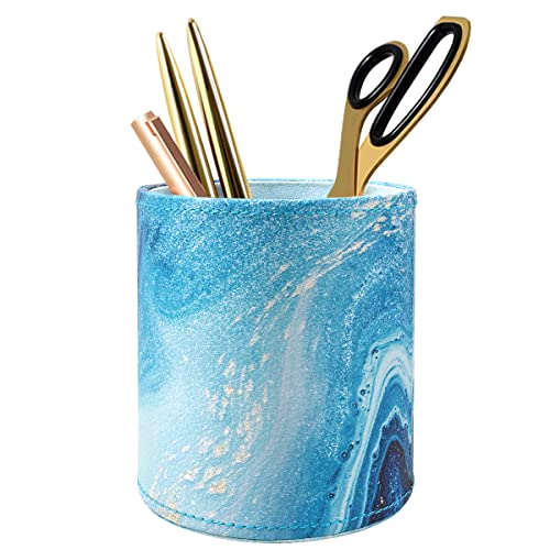 Image of Marble Pen Holder for Desk, Pencil Organizer Office Decor, Large Makeup Brush Holder Pu Leather Multi-Functional Organizer Cup for Office, Home, Classroom, Blue Marble