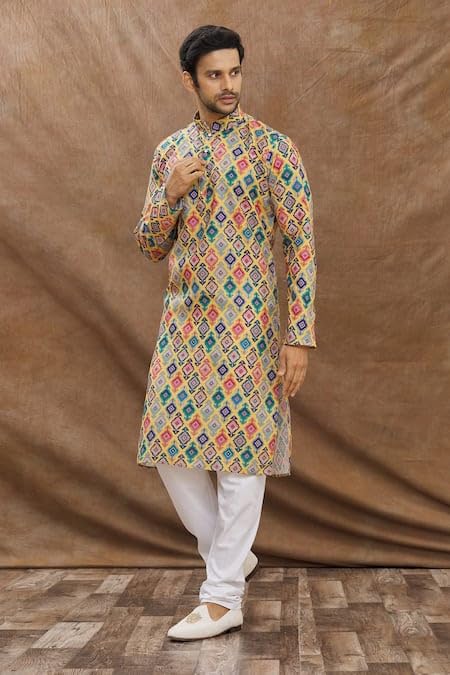 Image of LookMark Men's Cotton Blend Printed Long Kurta Suitable for All Indian Wedding, Occasions, and Festivals