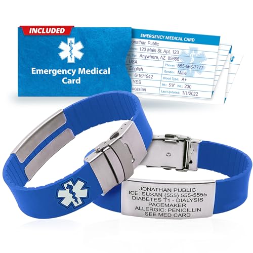 Sport Medical Alert Bracelet for Men & Women – Customizable Medical ID Bracelet with Personalized Engraving, Emergency Identification Card, Complimentary Access to PHR (Personal Health Record) – Blue