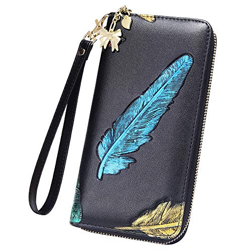FEITH&FELLY Women RFID Blocking Wallet Embossed Genuine Leather Wristlet Clutch Purse Handbag