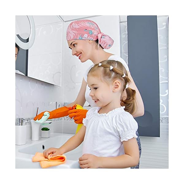 6-Pieces-Scrub-Caps-with-Buttons-Ponytail-Holder-and-Sweatband-Adjustable-Ribbon-Tie-Ponytail-Hats-Bouffant-Turban-Hats-Colorful-Printed-Beanie-Long-Hair-Covers-for-Women 6 Pcs Scrub Caps Women Nursing Hats with Buttons Adjustable Bouffant Nurse Ponytail Holder Turban Patterns