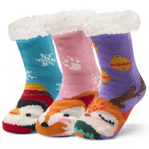 Kids Boys Fuzzy Socks Winter Warm Christmas Socks with Grips for Girls Thick Thermal Fluffy Socks for Home 3 Pack