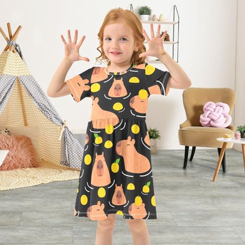 Girls' Short Sleeve Dress Cartoon Summer One-Piece Dress A-Line Swing Skater Dresses 2-8T2