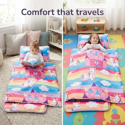 Image of EVERYDAY KIDS Nap Mat with Removable Pillow - Unicorn Dreams - Carry Handle with Straps Closure, Rollup Design, Soft Microfiber for Preschool, Daycare, Travel Sleeping Bag - Ages 3-6 Years