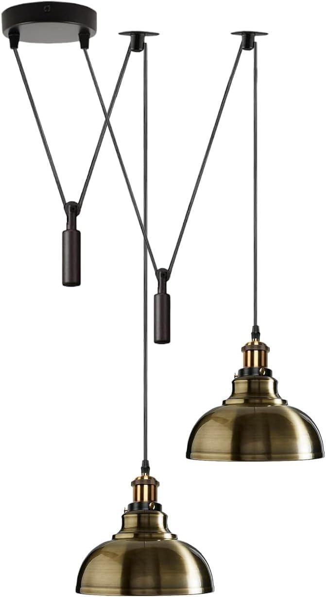 DC VOLTAGE 2 Head Spider Lights Ceiling Metal Curved Shaped Green Brass Finish 29 cm Shades Industrial Pendant Lights with 2m Adjustable Cable & Pulley for Kitchen Island Living Room Bed Room
