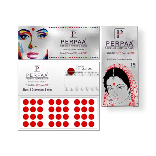 Image of PERPAA Premium Velvet Sticker Kumkum Bindi Box of 15 Flaps - Pottu for Women, Ladies, Girls (Size 3, Diameter 9mm, Red)