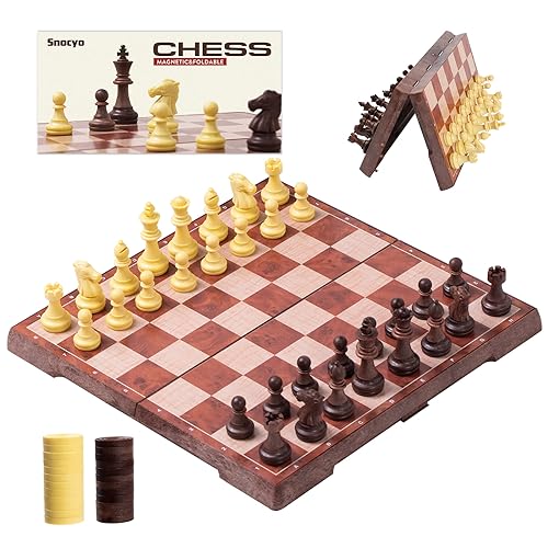 Snocyo Chess Set and Draughts, 2 IN 1 Folding Chess Board Set, Magnetic Chess Pieces, Portable Travel Chess Set Board Games
