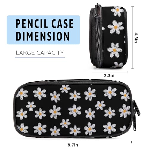 Image of Daisy Pencil Case, Large Capacity Pen Pencil Case for Boys Girls Teen, Kids 3 Compartments Multifunction Pencil Box with Zipper Organizer, Pencil Pouch for Back to School Students