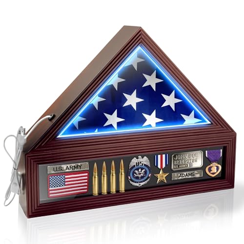 TOHONGADON Flag Display Case Fits Folded 3x5 American Flags (Not for Burial Flag) Military Flag and Certificate Shadow Box with LED Lights Flag Cases for Wall Mounted or Tabletop