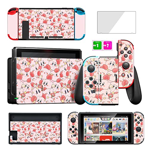 oqpa for Nintendo Switch Skin Cute Kawaii Cartoon Character Design Sticker, Fun Funny Fashion Cool Switch Game Skins for Girls Boys Kids Stickers+Tempered Glass Film for Nintendo Switch (Group Kirb)