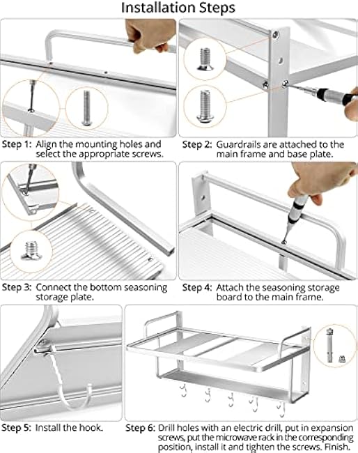 QWORK Microwave Oven Rack Shelf, Wall Mount Electric Oven Holders, Aluminum Double-Layer Microwave & Spice Rack, 2 Shelves with 10 Hooks, Support Load 88lbs, 21.65x15x9.84