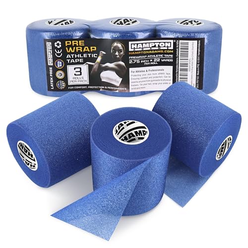 Image of Hampton Adams Pre Wrap Athletic Tape, Non Slip Grip, No Fray Underwrap | Foam underwrap for skin protection, Ankle, wrist & knee, Tape grip base layer, Hair tie for sports 2.75 in x 22 yd rolls