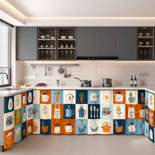 Image of Premium Printed Kitchen Sink Curtain | Washable & Dustproof Rod Pocket Counter Skirt | Perfect for Any Sink,Counter | Multicolor Cooking Theme for Home & Kitchen (150cm X 70cm) (2, Kitli)