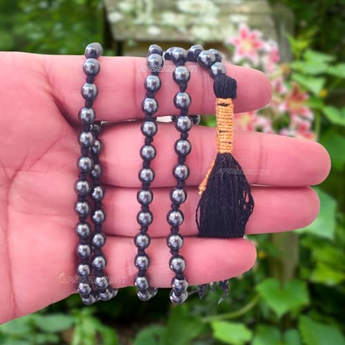 Image of Apnisanskriti Premium Haematite Stone Mala for Men and Women (6mm, AAA Quality, Lab Certified, 108+1) - Natural Stone Beads Mala - Opaque Black Colour - Pack of 1