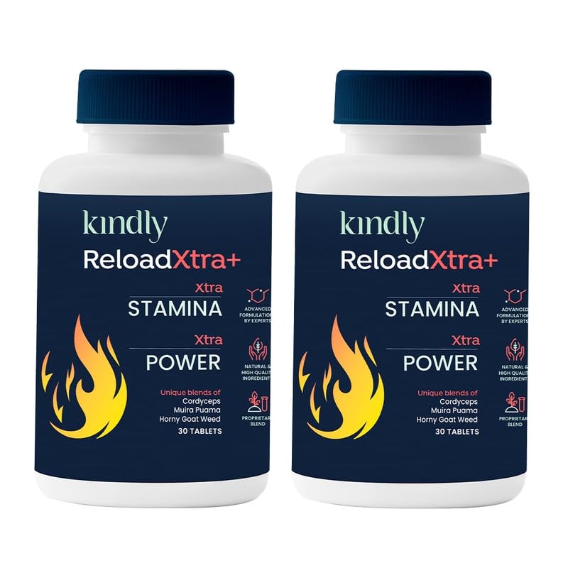 Kindly Health ReloadXtra+ Horny Goat Weed | Stamina Booster For Men Ayurvedic Ingredients 100% Vegan | Vitamin B12 and Muira Puama | Extra Strength and Energy | 60 Tablets, Pack of 2 Kindly Health ReloadXtra+ Horny Goat Weed | Stamina Booster For Men Ayurvedic Ingredients 100% Vegan | Vitamin B12 and Muira Puama | Extra Strength and Energy | 60 Tablets, Pack of 2