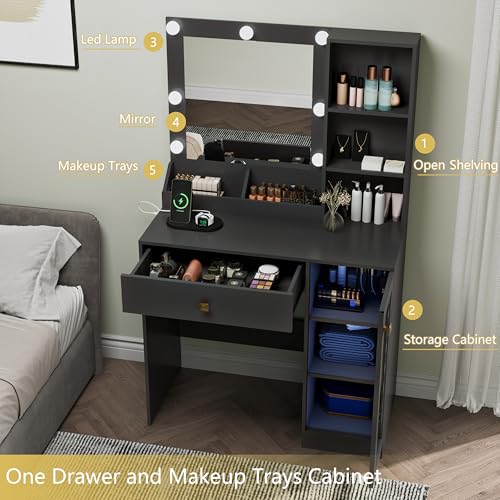 Image of Wodeer Small Makeup Vanity Desk with Mirror and Lights, Vanity with Glass Cabinet, LED Lights & Power Outlet, Drawer & RGB Glass Cabinets, Adjustable Lighted Dressing Table for Women & Girls Bedroom