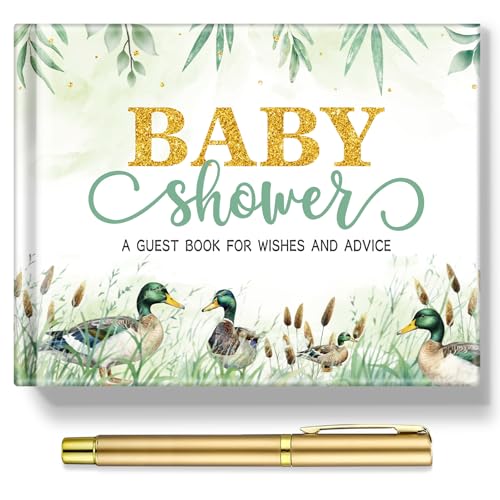 Image of Fuyoooo 27 Pcs Mallard Duck Baby Shower Guest Book Set Baby Shower Sign in Guest Duck a Little Hunter is on the Way Book Place Table Cards with Gold Pen Adhesive Photo Corner for Birthday Party