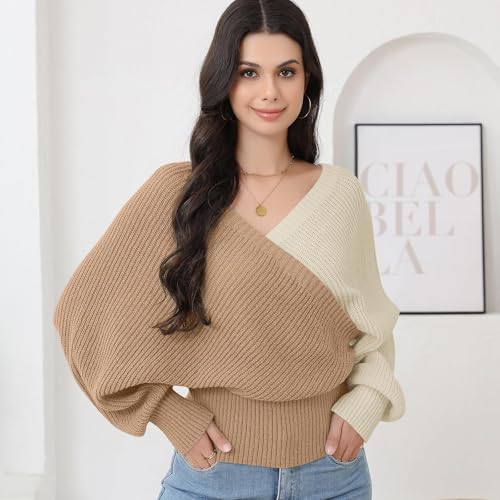 Image of Women's Wrap V Neck Knit Sweaters Batwing Long Sleeve Cross Front Drop Shoulder Fall Pullover Tops