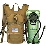 SHARKMOUTH Tactical MOLLE Hydration Pack Backpack 900D with 2L Leak-Proof Water Bladder, Keep Liquids Cool for Up to 4 Hours, Outdoor Daypack for Cycling, Hiking, Running, USA Flag Patch, Desert Clay