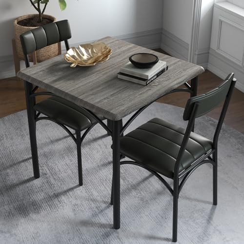 Koioplie Esszimmertisch-Set 1 Tisch 2 Stühle Küchentisch mit gepolsterten Stühlen kompaktes Esstisch-Set aus Holz und Eisengestell platzsparend pflegeleicht einfache Montage Zementgrau