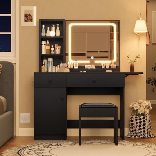 GarveeHome Makeup Vanity Desk with Mirror and Lights, Vanity Table Set with Drawer & Power Outlet ＆ Storage Chair & 3 Shelves, Bedroom, Black