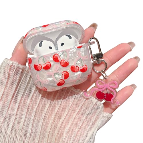 Image of MINSCOSE for Cute Glitter AirPods 4 Case,Shell Pattern Cherry Bow Trendy Design with Keychain,Protective Shockproof Cover for Airpods iPod 4th Generation for Women Girl-Red