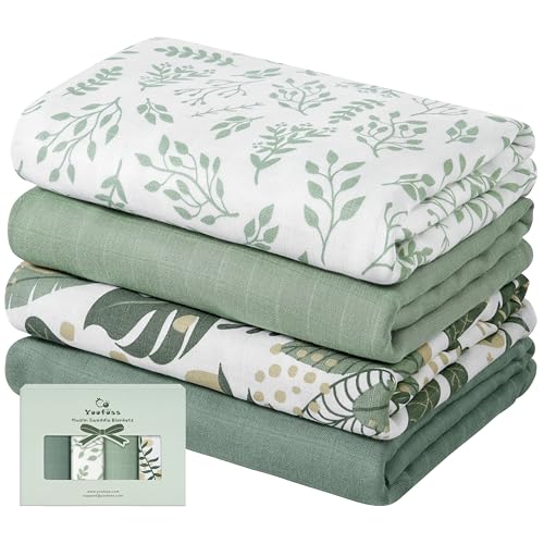 Image of Yoofoss Muslin Swaddle Blankets, 4-Pack Receiving Blankets for Baby Boys and Girls, 47 x 47 Inches Baby Blankets Neutral Swaddle Wrap 30% Cotton and 70% Rayon from Bamboo, Banana&leaf&green