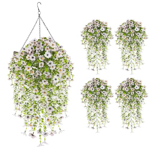 Artificial Hanging Flowers Fake Plants Outdoor, Faux Silk Violet Vine Flower for Outdoor Indoor Decor , UV Resistant Realistic Hanging Petunias Plants for Porch Home Patio Balcony Yard (4PCS, white)