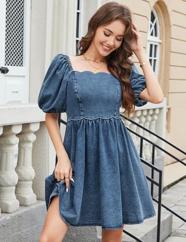 Denim Dress Babydoll Jean Square Neck Puff Sleeve Casual Country Concert Dresses with Pockets for Women 20252