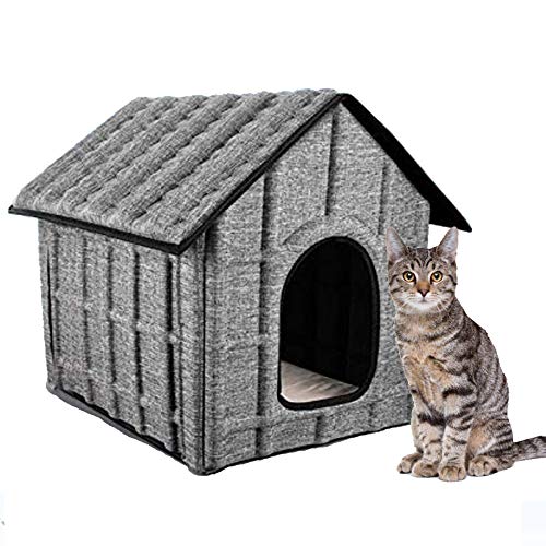 Maison Cabane Niche pour Chat Exterieur ou interieur Materiau impermeable + Couchage interieur Doux et Confortable Démontable Pliable Facile à Entretenir 50cmX42cmX42cm pour chat lapin chiot chien Cover