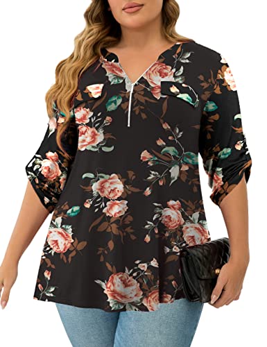 A.jesdani Women's Plus Size Tops Zip Front V-Neck 3/4 Sleeve Tunic Casual Top Black 3X #TOP1