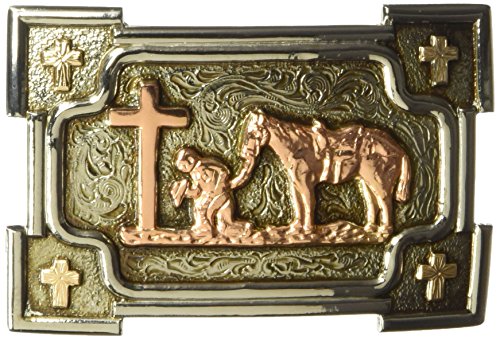 Crumrine Rectangle Praying Cowboy Belt Buckle with Gold Cross Accents (Multicolored, 2-3/8