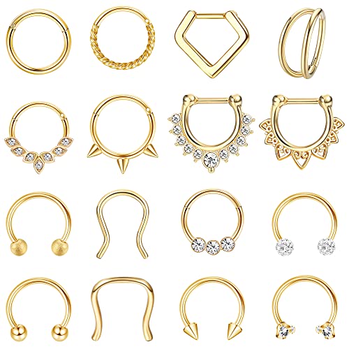 Besteel Hypoallergenic Septum Rings 16G 8mm Surgical Steel Clicker Nose Rings Hoops Set Small Lip Cartilage Helix Daith Piercing Jewelry for Women Men 16 Pcs Gold Silver Black