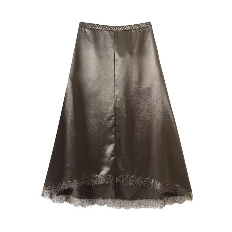 Minimalist Women's Satin Midi Half Skirt Lace Half Skirt Splicing French Elegant High Waist Half Skirts Women