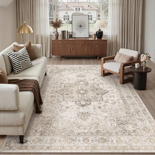 PureCozy Taupe 8x10 Area Rug Washable Vintage Living Room Carpet
